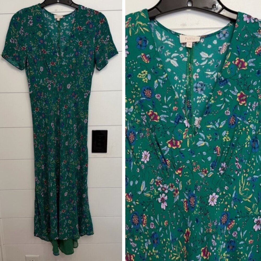 Pablo Paris Green Floral V-neck High Low Midi Dress Size 36 - 23101